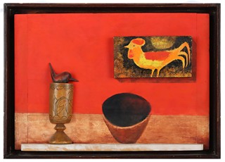 Ota Janeček (1919 - 1996) - Zátiší s kohoutem, ptáčkem, pohárem a miskou