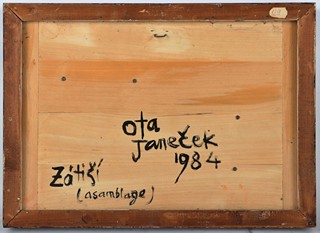 Ota Janeček (1919 - 1996) - Zátiší s kohoutem, ptáčkem, pohárem a miskou