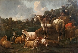 Philipp Peter Roos, zvaný Rosa da Tivoli, připsáno (1657 - 1706) - Odpočinek v krajině pastýřů