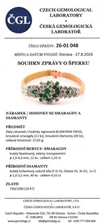 Zlaté dámské hodinky Blancpain ve formě náramku osazeného diamanty a smaragdy