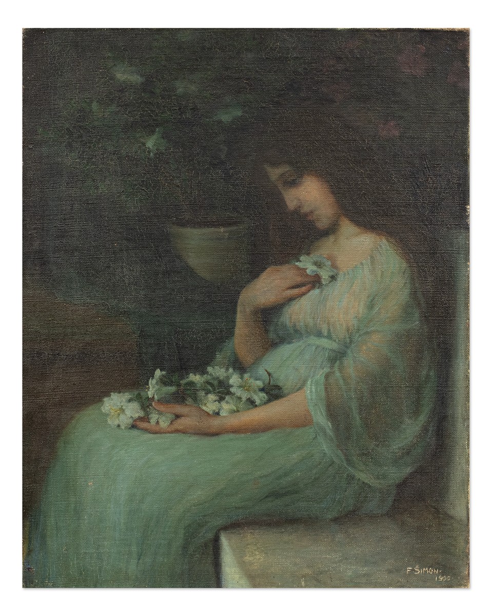Český malíř počátku 20. století - Snící dívka s liliemi