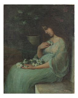Český malíř počátku 20. století - Snící dívka s liliemi