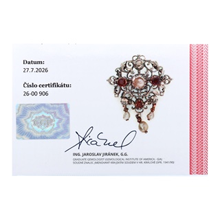 Starožitná zlatá brož s rubíny 2,00 ct , perlou a diamanty