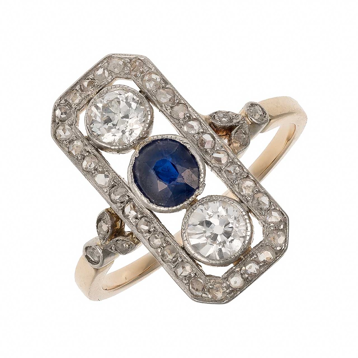 Zlatý Art Deco prsten s přírodním safírem 0,45 ct a diamanty 0,65 ct - certifikováno