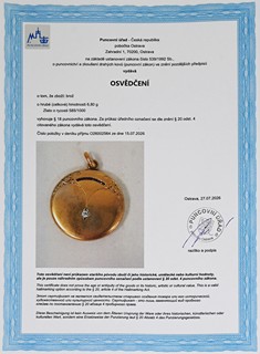 Zlatý otevírací medailon s rubíny a diamantem