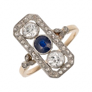 Zlatý Art Deco prsten s přírodním safírem 0,45 ct a diamanty 0,65 ct - certifikováno