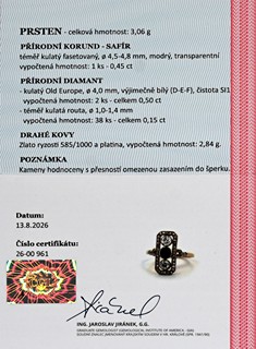 Zlatý Art Deco prsten s přírodním safírem 0,45 ct a diamanty 0,65 ct - certifikováno