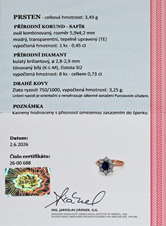 Zlatý prsten s přírodním safírem 0,45 ct a diamanty 0,73 ct - certifikováno