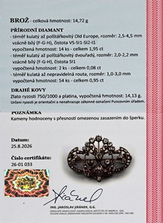 Luxusní diamantová Old Europe brož 2,98 ct - certifikováno