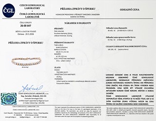 Zlatý náramek s přírodními diamanty 3,60 ct - certifikováno, odhadní cena 180.000 Kč