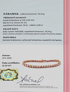 Zlatý náramek s přírodními diamanty 3,60 ct - certifikováno, odhadní cena 180.000 Kč