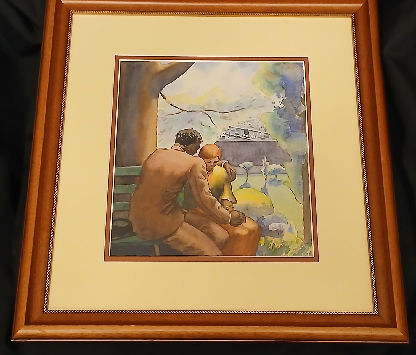 Americká akvarelová malba na papíře od Dorothy Deyrupové – Černošský pár (40. léta 20. století)