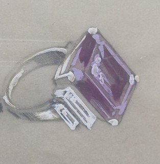 Art deco sada šesti detailních obrázků šperků v rámech, ručně malováno, Francie, 20. léta 20. st.