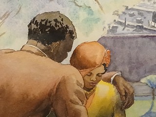 Americká akvarelová malba na papíře od Dorothy Deyrupové – Černošský pár (40. léta 20. století)