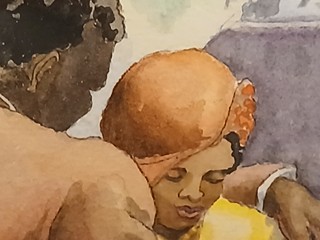 Americká akvarelová malba na papíře od Dorothy Deyrupové – Černošský pár (40. léta 20. století)