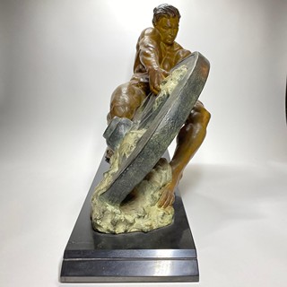 A MARGELIN - Extravagantní francouzská Art Deco monumentální socha mužského aktu z kovu na mramorovém podstavci, VÝJIMEČNÝ exemplář