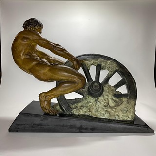 A MARGELIN - Extravagantní francouzská Art Deco monumentální socha mužského aktu z kovu na mramorovém podstavci, VÝJIMEČNÝ exemplář