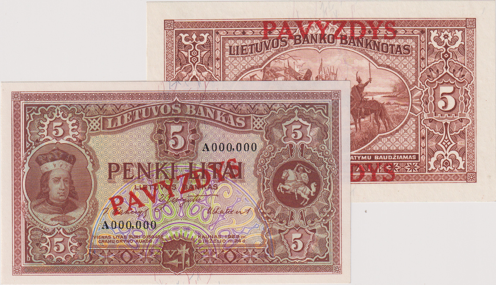 UNC | Lithuania, 5 Litai 1929, series A, zero number SPECIMEN A 000,000, single-sided proof of the obverse with a diagonal overprint "PAVYZDYS" and a single-sided proof of the reverse with two horizontal overprints "PAVYZDYS", 2 pcs, Pick 26s2