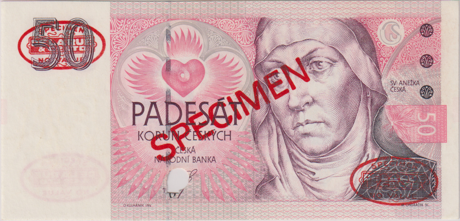 UNC | 50 Koruna 1993, the first series A 01(!), zero number SPECIMEN 000000, red "SPECIMEN" overprint on both sides, two oval red "SPECIMEN / DE LA RUE & Co. LTD / NO VALUE" seals