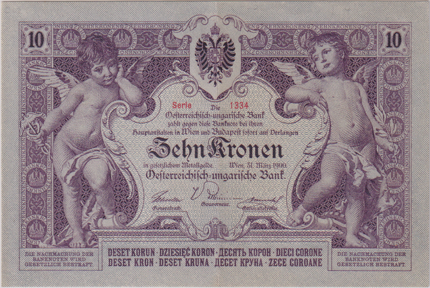 XF+ | 10 Koruna 1900, series 1334, graded by PMG 55 - About Uncirculated, a faint trace of glue, currently a so-called "TOP POP" – the highest-graded specimen globally within the entire PMG database; in beautiful condition, Pick 4, Václ RU1, Hej RU1