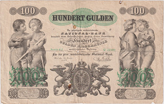 G | 100 Gulden 1863, rare high denomination, small tears in the surface and in the edges, nevertheless relatively fresh paper and printing without later repairs, Pick A90