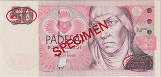 UNC | 50 Koruna 1993, the first series A 01(!), zero number SPECIMEN 000000, red "SPECIMEN" overprint on both sides, two oval red "SPECIMEN / DE LA RUE & Co. LTD / NO VALUE" seals