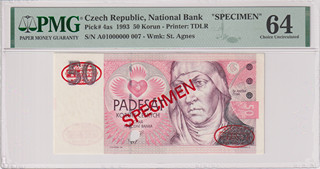UNC | 50 Koruna 1993, the first series A 01(!), zero number SPECIMEN 000000, red "SPECIMEN" overprint on both sides, two oval red "SPECIMEN / DE LA RUE & Co. LTD / NO VALUE" seals