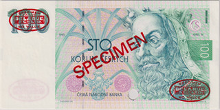 UNC | 100 Koruna 1993, the first series A 01(!), zero number SPECIMEN, red "SPECIMEN" overprint on both sides, two oval red "SPECIMEN / DE LA RUE & Co. LTD / NO VALUE" seals