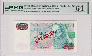UNC | 100 Koruna 1993, the first series A 01(!), zero number SPECIMEN, red "SPECIMEN" overprint on both sides, two oval red "SPECIMEN / DE LA RUE & Co. LTD / NO VALUE" seals
