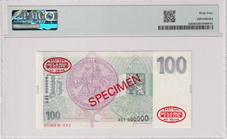 UNC | 100 Koruna 1993, the first series A 01(!), zero number SPECIMEN, red "SPECIMEN" overprint on both sides, two oval red "SPECIMEN / DE LA RUE & Co. LTD / NO VALUE" seals
