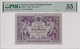 XF+ | 10 Koruna 1900, series 1334, graded by PMG 55 - About Uncirculated, a faint trace of glue, currently a so-called "TOP POP" – the highest-graded specimen globally within the entire PMG database; in beautiful condition, Pick 4, Václ RU1, Hej RU1