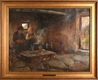JOSEF THEODOR MORODER - LUSENBERG 1846-1939 - Děti u ohniště v tyrolské jizbě