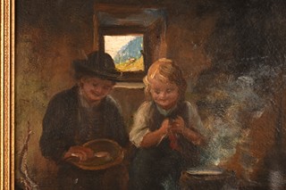JOSEF THEODOR MORODER - LUSENBERG 1846-1939 - Děti u ohniště v tyrolské jizbě