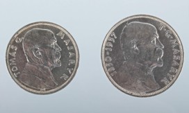 Stříbrné mince: 10 Kč a 20 Kč T. G. Masaryk