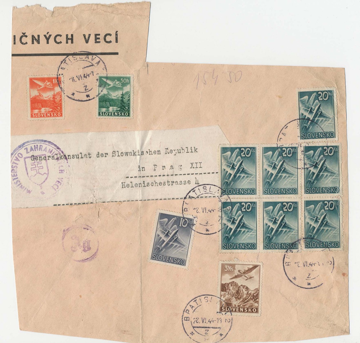 Výstřižek z balíku vyfr. vysokou frankaturou leteckých známek - 154.50Ks