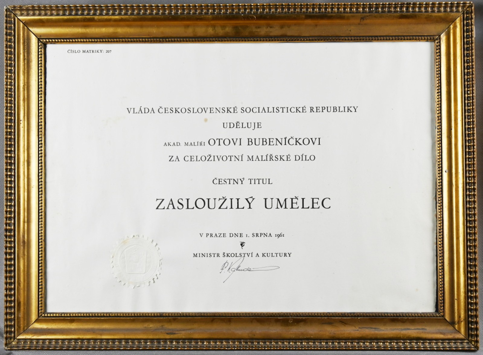 Bubeníček Ota, "Dekret k udělení titulu Zasloužilý umělec"