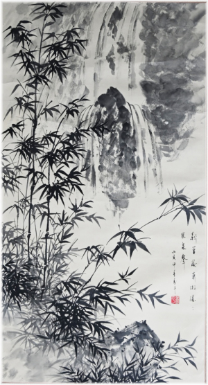 Neznámý autor, Větvičky bambusu před vodopádem