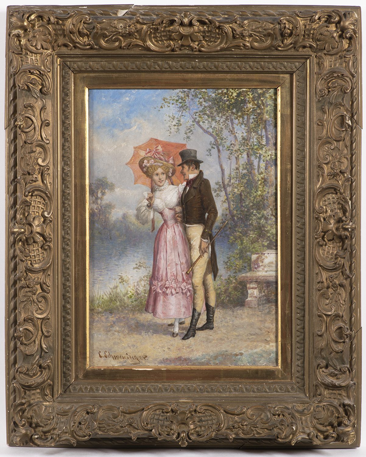 Elegantní pár na procházce a v salónu - dvojice obrazů
