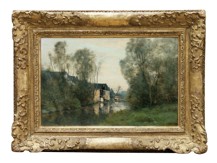 Corot Jean Baptiste Camille - Voisinlieu prés Beauvais- Maisons au bord de l´eau avec un arbre penché
