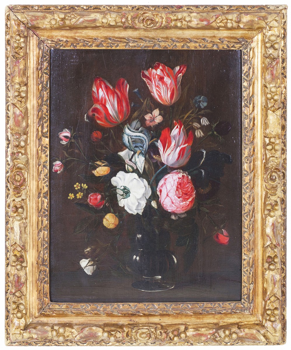 Veerendael Nicolaes van - Růže, tulipány a kosatce ve skleněné kulovité váze