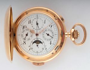 Zlaté bicí kapesní hodinky s chronografem, lunárem a kalendářem