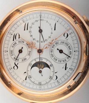 Zlaté bicí kapesní hodinky s chronografem, lunárem a kalendářem