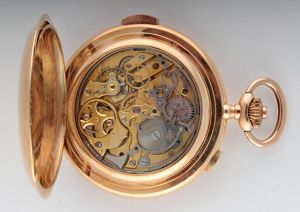 Zlaté bicí kapesní hodinky s chronografem, lunárem a kalendářem