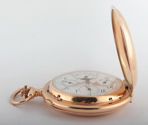 Zlaté bicí kapesní hodinky s chronografem, lunárem a kalendářem