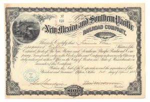 New Mexico & Southern Pacific Railroad Company, akcie $100 - železnice, 1880