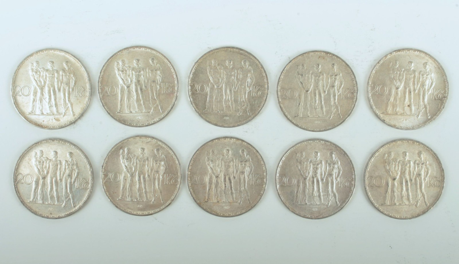 Konvolut 10 stříbrných mincí: Dvacetikoruny 1933
