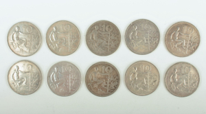 Konvolut 10 stříbrných mincí: Desetikoruny 1930 a 1932