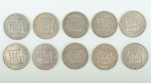 Konvolut 10 stříbrných mincí: Desetikoruny 1930 a 1932