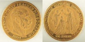 Zlatá mince: Stokoruna 40. výročí korunovace Františka Josefa I. 1907