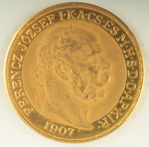 Zlatá mince: Stokoruna 40. výročí korunovace Františka Josefa I. 1907